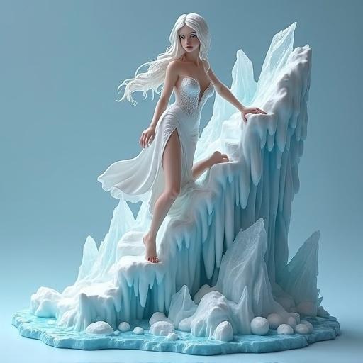 Collectible resin figure of an elegant ice sorceress ascending an ice staircase. Long white hair and ice-blue eyes with a confident, seductive expression. Wears a tight-fitting white dress with a deep neckline and high slit. One heel on an upper step, the other in motion for a dynamic feel. Dress flows and touches the surface. One hand on a frozen railing, the other conjuring floating ice shards. Base filled with crystals and ice structures. Designed for high-end resin printing with a sensual pose.