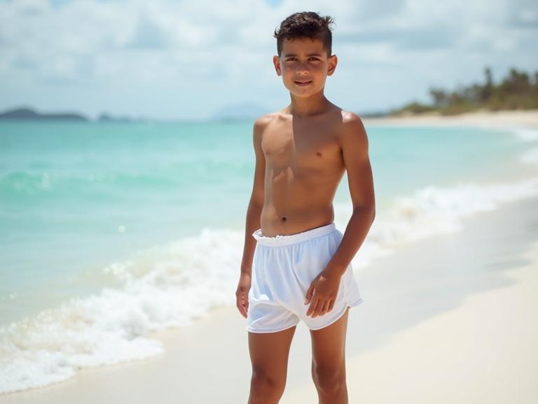 North African boy poses in a white speedo on a beach. Background features white sand and calm sea. The sky is covered with clouds.
