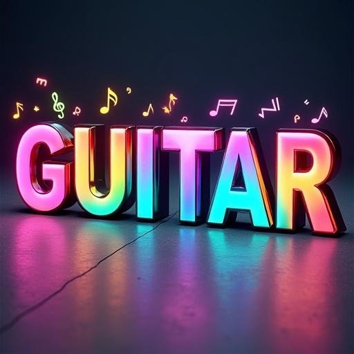 A vibrant 3D illustration of the word GUITAR in rainbow-neon metallic letters. The colors range from electric pink to aqua blue, set against a dark textured background. Musical notes float around the lettering, enhanced by soft lighting.