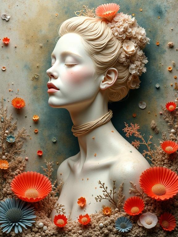 3D masterpiece portraying a serene woman surrounded by textured flowers. Mixed media art using materials like newspaper and fibers. Emphasizes depth and luminous colors. Surreal interpretation of a Zen garden atmosphere.