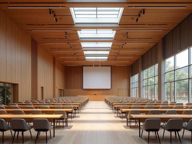 Design large spacious multipurpose hall with modern versatile aesthetic. High ceilings with exposed beams or sleek lighting fixtures. Neutral color palette with warm or vibrant accents. Flexible seating arrangements for 500 people with modular furniture. Durable elegant flooring like polished hardwood or high-quality vinyl. Large floor-to-ceiling windows and skylights for natural light. Advanced acoustics and built-in AV systems with retractable screens. Stage area for presentations and ample storage for equipment. Movable partitions for breakout spaces and energy-efficient features. Open functional adaptable design with modern elegance and practicality.