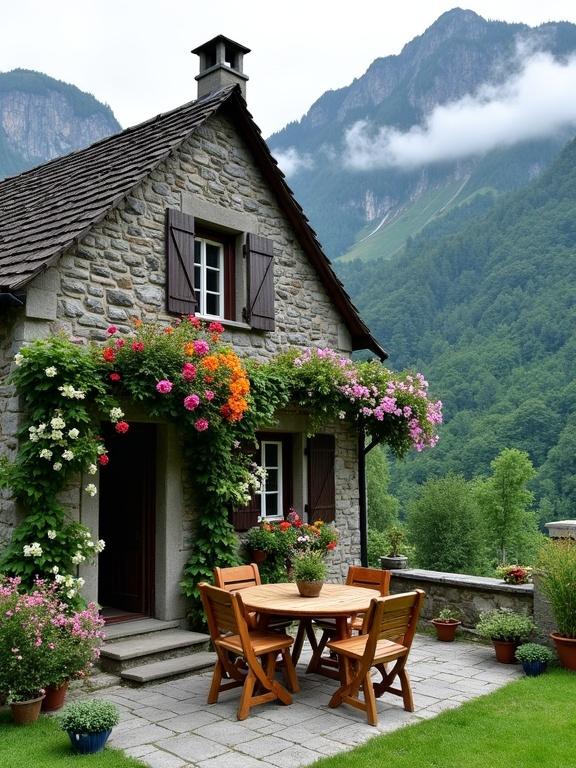 Image of a stone cottage surrounded by colorful flowers against green mountains. Gray stone structure with a stone-tiled roof and chimney. Vibrant flowers in pink orange white red and purple cascade from various places. Foreground features a round wooden table with chairs on a stone patio. Background shows misty mountains and lush greenery. Cozy inviting atmosphere perfect for relaxation.