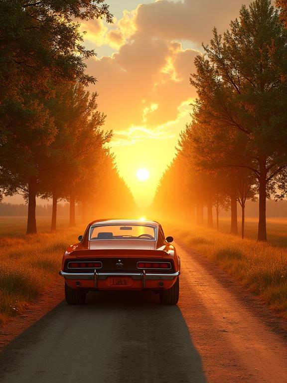 A vibrant sunset backdrop. Classic muscle car in orange color. Positioned on a dusty country road. Viewed from the rear angle. Showcasing sleek design and distinctive markings. Tall green trees lining the road. Long shadows cast by trees. Soft golden light filtering through leaves. Fluffy clouds in the sky. Enhanced by golden hour sun. Evokes feelings of freedom and nostalgia. Represents beauty of rural landscapes.