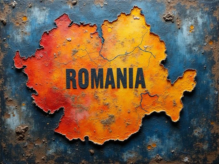 Map of Romania with vibrant colors and the word Romania prominently displayed. Mixed media with textured surfaces and layered elements.
