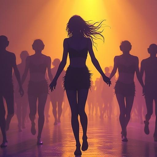 Dancing figure in biopunk cyber art style. Silhouetted individuals dancing in the background. Faded-brown, faded-yellow, and violet color palette. Dramatic lighting and ethereal atmosphere.