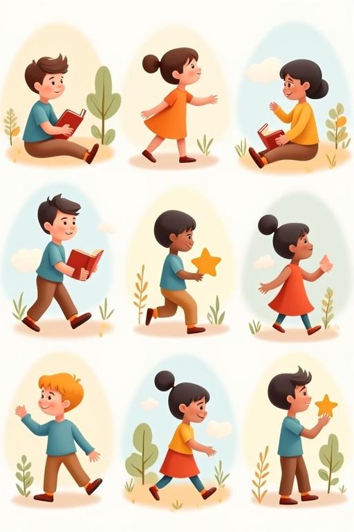 Collection of nine illustrations in soft flat pastel 3D style. Rounded stylized characters with gentle colors. Child-like atmosphere created with subtle shading. Children aged 4-8 in various poses and actions throughout. Ethnically diverse characters with expressive faces. Clothing includes various colors and styles. Nature-inspired backgrounds with trees, grass, flowers, and clouds. Balanced composition with consistent perspective. Pastel colors in shades of blue, orange, yellow, pink, and brown. Soft, warm lighting with smooth textures. Background elements seamlessly integrated. Mood is cheerful and optimistic.