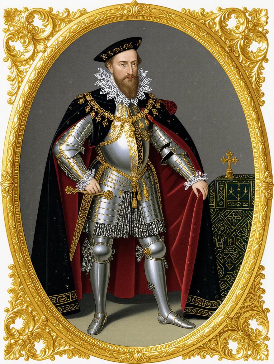Ornate portrait of King Felipe II of Spain in lavish armor. Rich details in clothing and armor. Surrounded by opulent frame. Historical representation of Spanish royalty. Warrior stance exuding power and authority.