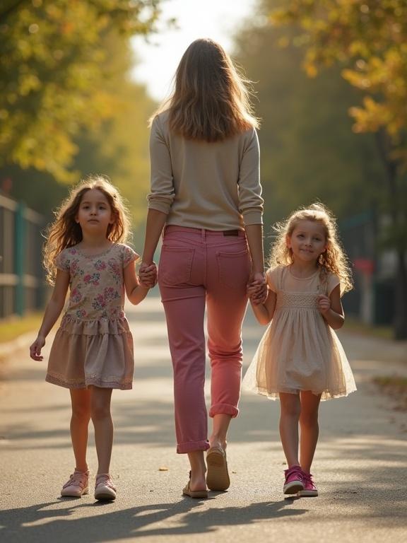 Mother walking with her two daughters. They are holding hands. Soft light during sunset. Outdoor path surrounded by trees. Mother wearing casual clothes. Daughters wearing cute dresses.