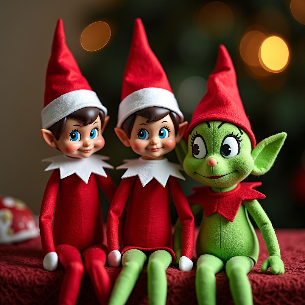 An elf on the shelf sits with two grinches dressed like him. Characters display playful expressions and are colorful. Scene represents a festive and cheerful holiday theme.