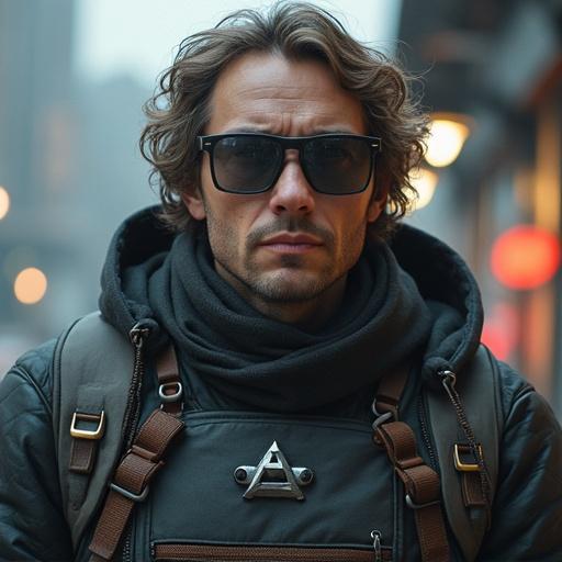 Human figure wearing sunglasses and a stylish outfit in an urban setting. A confident expression with a focus on individuality. The person appears in a city environment. Emphasis on modern fashion and attitude.