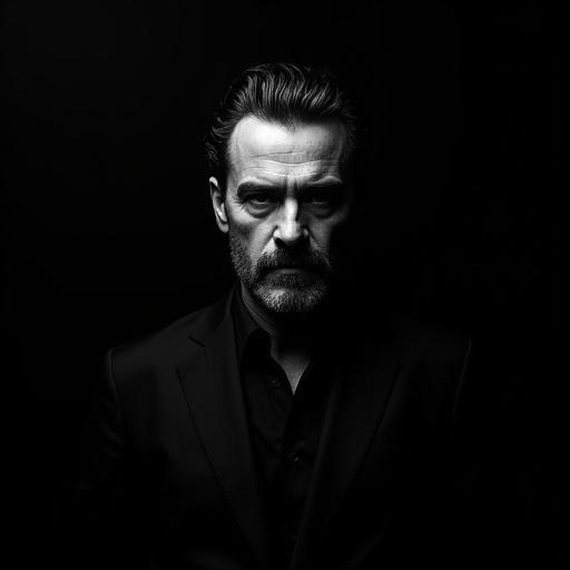 A dramatic black-and-white portrait is captured. The subject is a man with slicked-back hair and a trimmed beard. He faces the camera directly. The lighting creates strong contrasts. His expression is serious and stoic. He wears a dark suit that blends into the background. The composition is minimalist and cinematic, evoking mystery and strength.