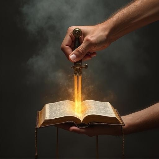 A dramatic image presents a hand gripping a sword thrust into the pages of an open Bible. The scene is illuminated by an ethereal glow emanating from the sword and the book.