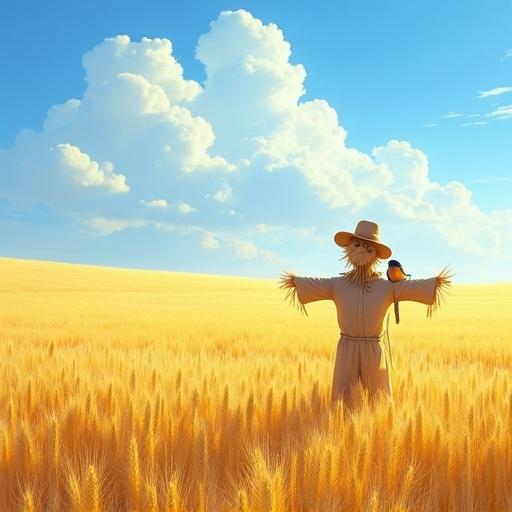 A wheat field stretches to the horizon. Bright sunlight illuminates the golden wheat. A scarecrow stands in the field. A bird sits on the scarecrow's shoulder. The sky is blue with soft clouds. The landscape is peaceful and picturesque.
