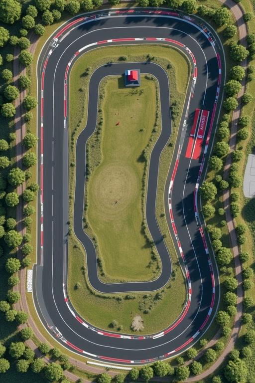 Detailed layout of a racing track with three main straights and 18 corners. Two-kilometer main straight, one-kilometer straight, and 0.5-kilometer curved straight. Anti-clockwise design emphasizes straights and challenging curves for competitive racing. Aerial view shows a green setting around the track.