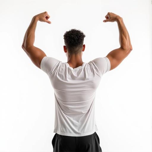 American male model stretches arms. Wearing a plain t-shirt. Studio setting with a white background. Displaying a fit physique. Strong and confident posture.