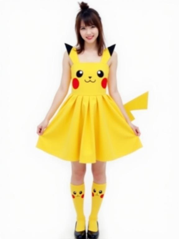 Photograph of a woman wearing a Pikachu dress and socks. The dress has a Pikachu face on the chest and pleated skirt. The woman has dark hair styled as a mohawk and smiles at the camera. She stands against a white background. The lighting is even and bright. The composition follows the rule of thirds. The overall look is whimsical and inspired by cosplay.