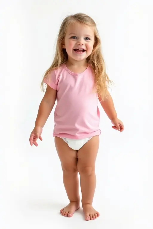 A four year old girl stands confidently wearing a pink t-shirt and a white diaper. She has long blond hair and shows a playful expression. The photo features bright lighting accentuating her smile.