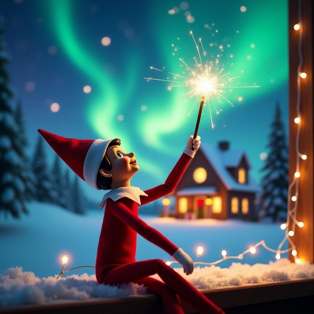 Elf on the shelf looks up joyfully holding glowing wand. Beautiful Christmas scene with northern lights. Cozy decorated house in distance. Festive atmosphere with message written in the air.