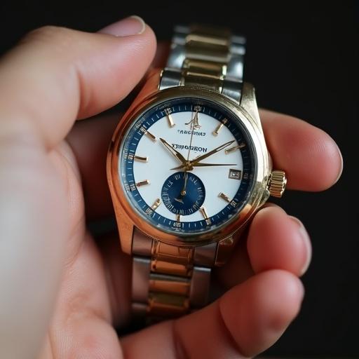 Close-up of a hand holding a luxury watch. Gold and silver color scheme. Dark blue and white design with the word 'tomorrow'.
