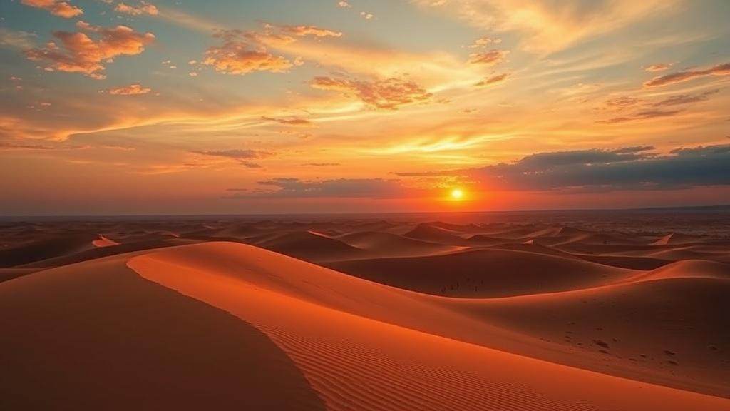 The image showcases a breathtaking desert landscape at sunset, with golden sand dunes stretching out into the horizon. The sky is painted with vibrant hues of orange, pink, and blue, creating a spectacular natural symphony as the sun sets gently in the distance. The soft shadows on the dunes highlight their undulating forms, adding depth and texture to the scene.