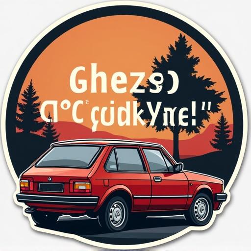 Design a sticker with humorous text about improper parking. Sticker features a red car against a sunset background. Emphasizes playful and light-hearted approach to parking issues.