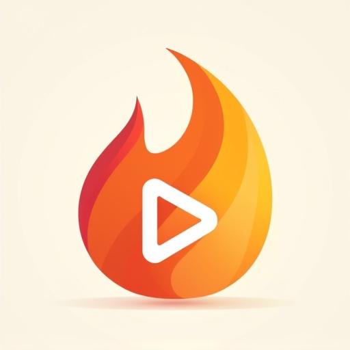 Minimalistic flat icon of a play button integrated into a simple abstract fire flame. Smooth curves and clean lines merge the play triangle with the flame outline. Vibrant warm colors like orange red yellow gradients convey energy and entertainment. Bold modern icon suitable for digital platforms.