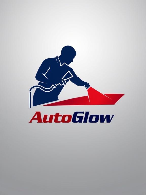 Logo design of a technician in a blue jumpsuit. Technician uses a spray gun. Spray gun emits red paint forming a stylized car hood in negative space. Company name AutoGlow is displayed below in modern sans-serif font. Background features a cool grey and silver gradient for a professional aesthetic.