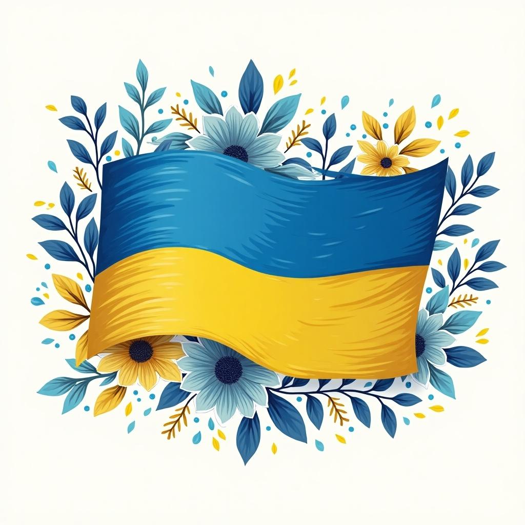 Elegant flag of Ukraine surrounded by flowers and foliage. Flag features blue and yellow colors. Floral elements enhance the design. Ideal for decorative purposes.