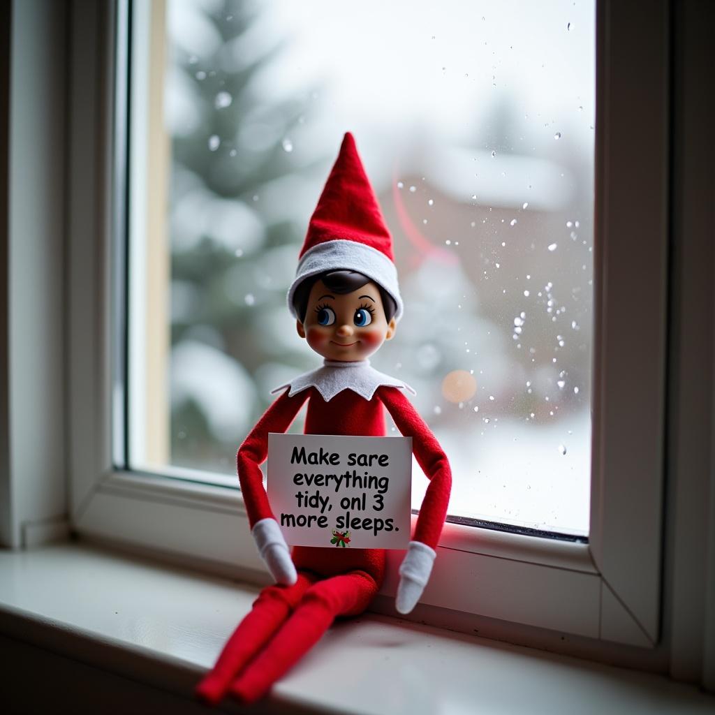 Elf on the shelf sits on window sill. Winter backdrop visible outside. Elf holds sign that reads 'Make sure everything is tidy, only 3 more sleeps.'