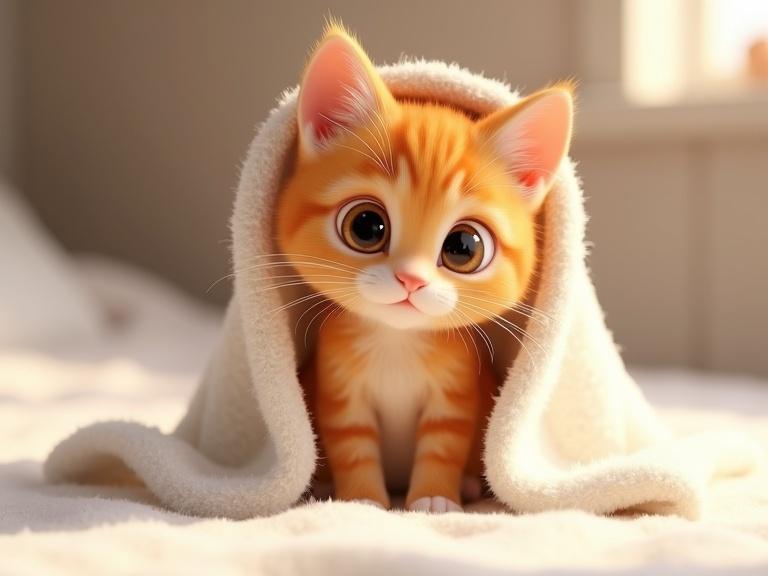 A 3D animated orange kitten wrapped in a white towel looking calm and blinking. Soft natural light in the background resembling a cozy bedroom. The kitten has big shiny eyes and remains still. High detail.