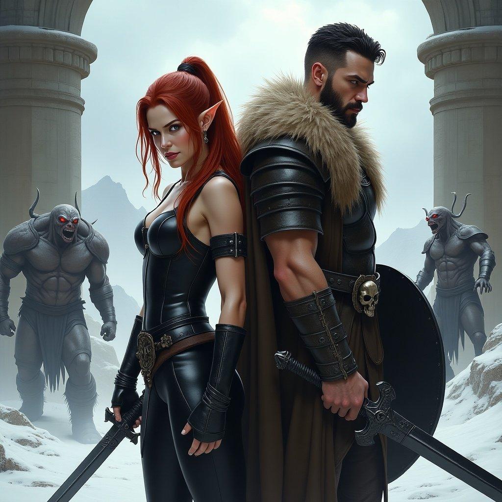 Dynamic scene featuring a woman and a man in fantasy attire. The woman is an elf with red hair wearing black leather armor. The man is a human warrior in a brown fur cloak with a sword and shield. They stand back to back surrounded by demonic monsters in a snowy tundra with ruins in the background. The image conveys a sense of tension and readiness for battle.