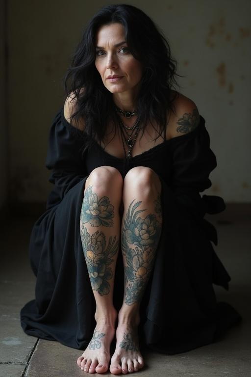 Image displays a mature woman in goth attire. She is seated in a relaxed posture. Detailed tattoos adorn her legs. Her bare feet are visible. The settings have an industrial vibe. Soft light creates an atmospheric mood.