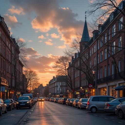 A street view in a European city during sunset. Buildings with distinct architecture line the street. Cars are parked along the sides. Soft light illuminates the scene. The sky features dramatic clouds in warm colors. Trees without leaves frame the street.