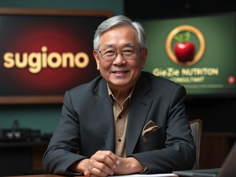 HyperRealistic photo of an Indonesian man in his 50s with short thin grey hair and a warm smile. He wears a dark grey suit and a beige batik shirt. The setting features a modern television studio with studio equipment, a beautiful cat, microphones, and control panels. A nameplate reads 'SUGIONO'. The background showcases a billboard light with the GieZie NUTRITION logo and saying. The image conveys a broadcast studio atmosphere with professional lighting highlighting his face.