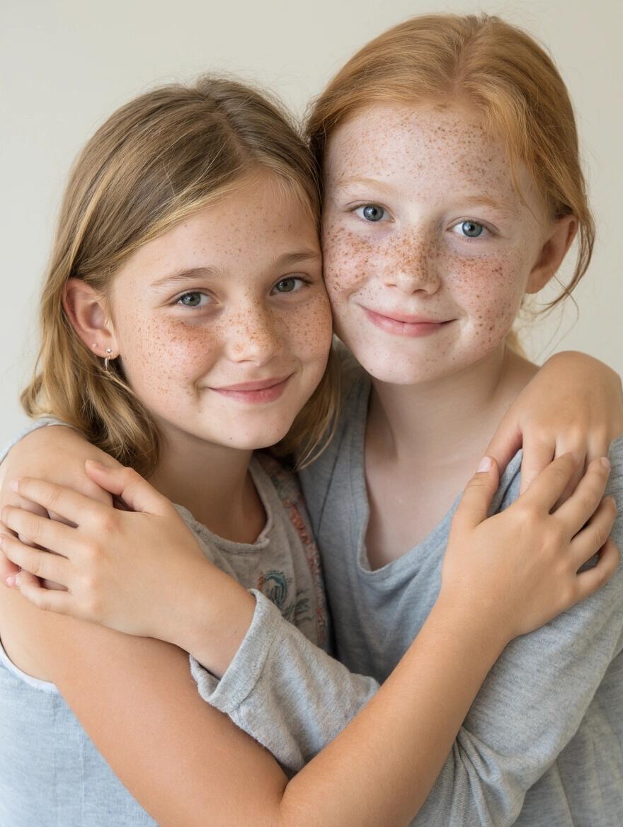 Two girls hugging and smiling at the camera. One girl has freckles. Both girls have light hair. They wear casual clothing. The background is neutral. Their expressions are warm and friendly.