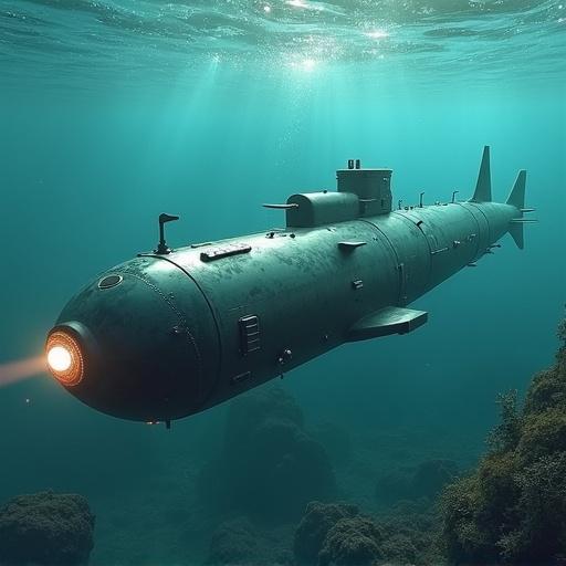 Futuristic submarine design. Kata ram style elements. Underwater scene with ambient light. Realistic and detailed submarine model.
