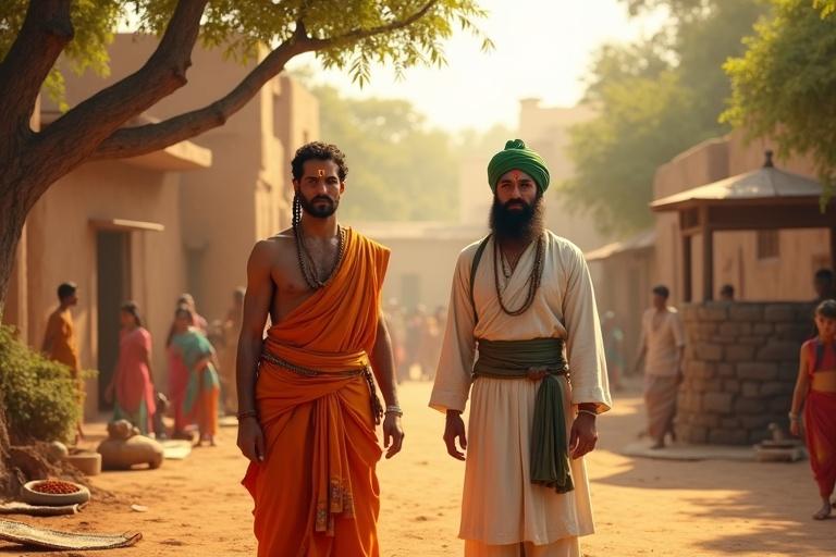 3D ultra-realistic historical scene from ancient India with Hindu and Muslim man side by side. Hindu man in saffron dhoti with angavastram and rudraksha mala. Muslim man in white kurta-pajama and green turban. Village bazaar background with mud houses, stone well, banyan trees, children playing, and traders selling. Warm golden sunlight creates a harmonious atmosphere.