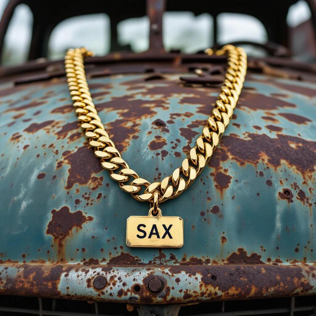 Raw photo of an old junkyard featuring a gold chain with a name tag labeled SAX. The chain is prominent against a rusty blue vehicle background with a worn texture.