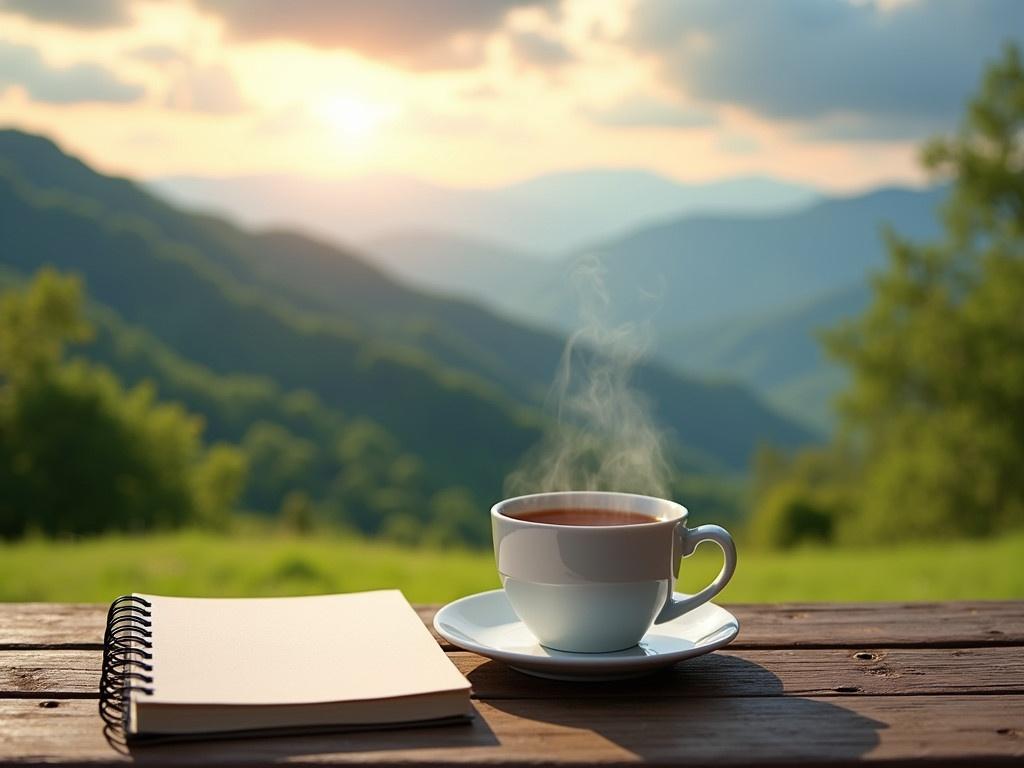 This image features a tranquil outdoor scene with a steaming cup of tea or coffee placed on a saucer. The cup sits on a wooden table, which showcases its rustic texture. In front of the cup is a spiral-bound notebook, giving a sense of creativity or contemplation. The background is a breathtaking view of rolling hills and mountains, lush with greenery under a colorful sky. Sunlight breaks through the clouds, casting a subtle glow that enhances the peaceful atmosphere. This setting evokes a serene and reflective mood, perfect for sipping a warm drink while enjoying nature.