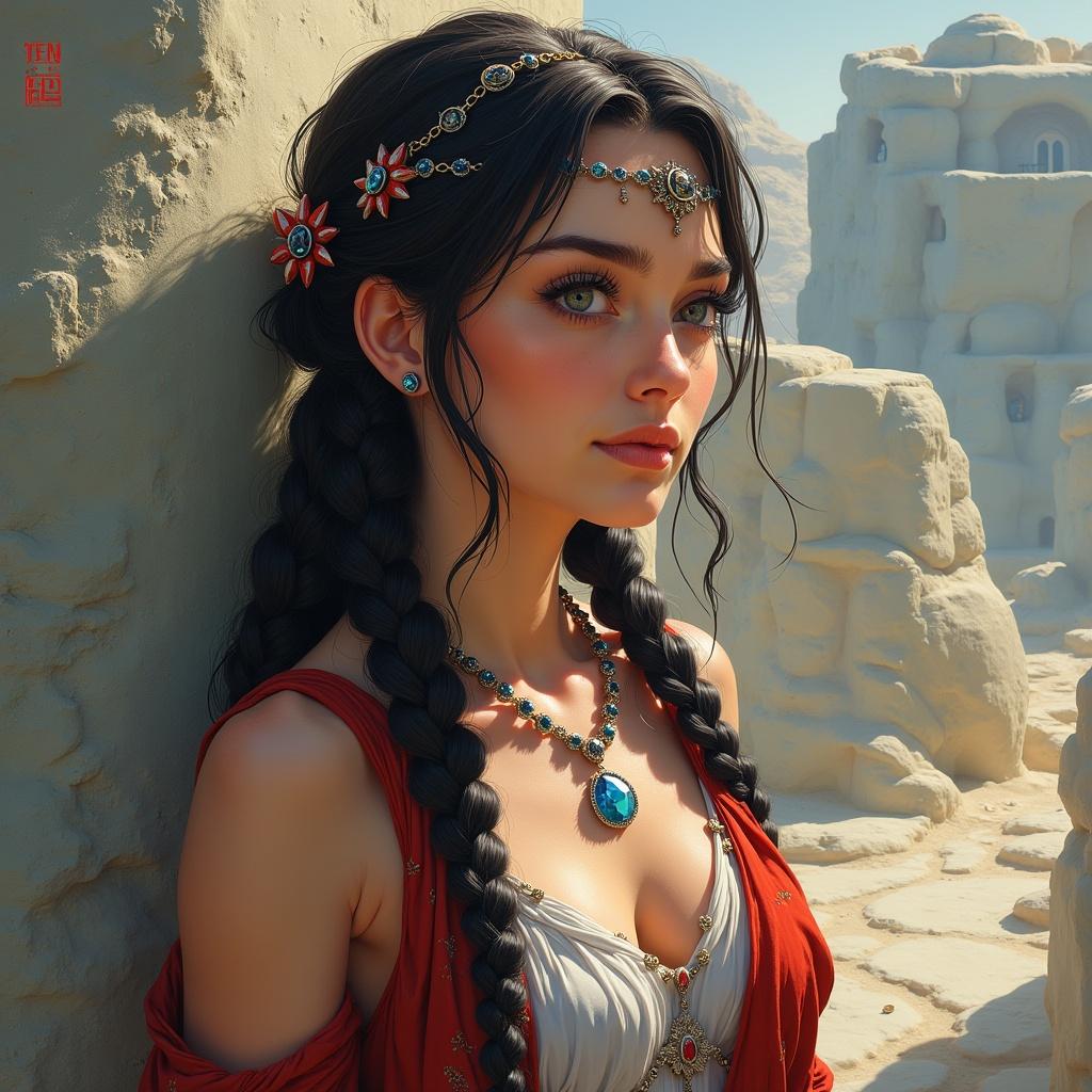 Portrait of a woman with long braids and intricate jewelry in a fantasy setting. She wears a burgundy dress and has a serene expression. The background features light-colored stone structures.