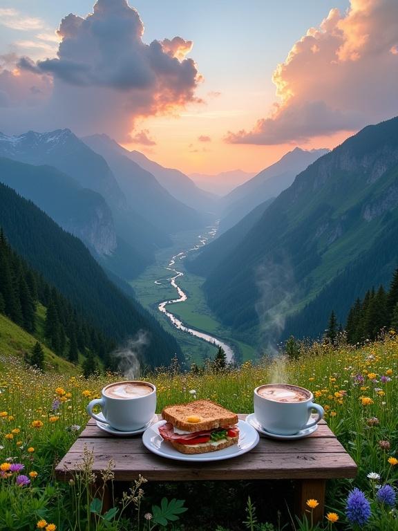 Depiction of a mountainous landscape at sunset with a meadow of wildflowers. A wooden table with two coffee cups and a sandwich on it. Lush hills and a winding river in the valley below.