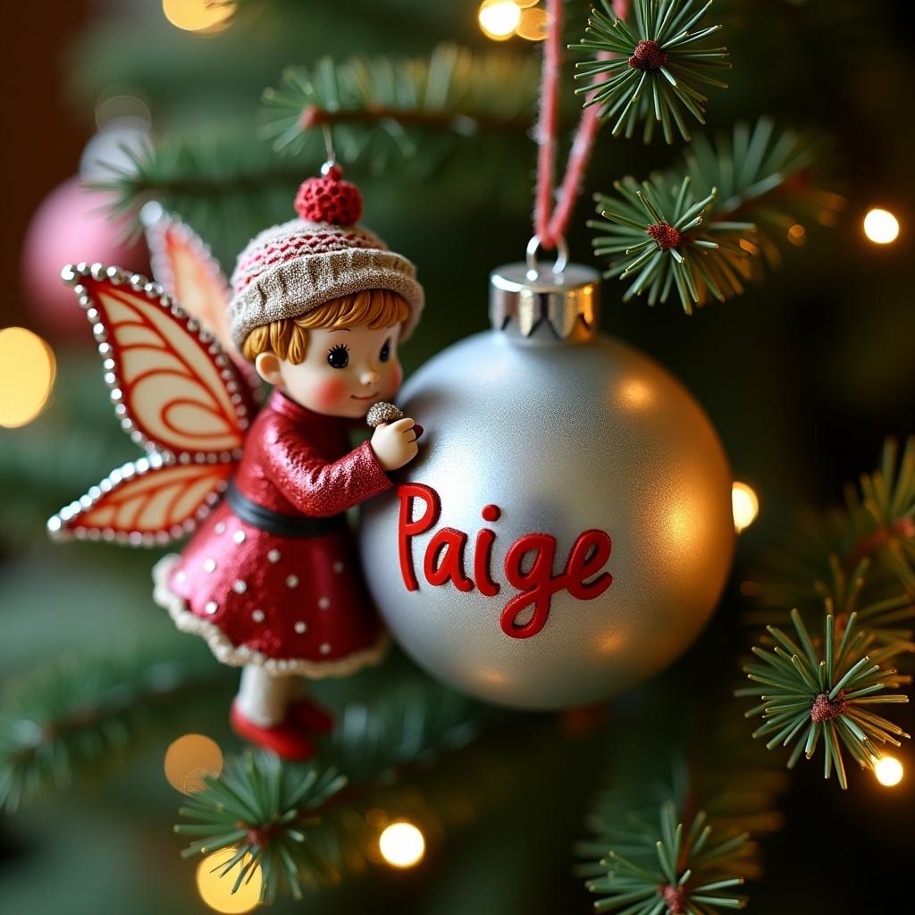 Beautiful Christmas tree with a pixie writing the name 'Paige' in red font on a silver Christmas bauble.