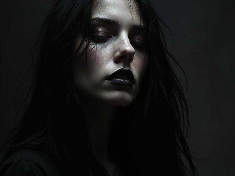 Portrait of a dark sorceress depicted in hyper realism. Chiaroscuro lighting creates deep contrasts. The figure has striking makeup with black lips. Hair appears wild and unkempt. Overall mood is dramatic and powerful.