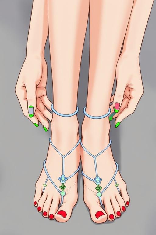Feet adorned with neon colored toenails. Decorative foot accessories are visible. Character holds shoes in hands with a playful pose. Focus on vibrant accessories and nail art.
