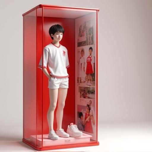 Picture of a clear plastic box containing a figure named Xiao Ming from the 'Youthful Charm' series. He is an 18-year-old boy with delicate facial features, an oval face, large eyes, and a gentle smile. He is 1.9 meters tall, wearing a fitted middle school uniform. The box has red and white tones and displays accessories and photos of Xiao Ming's daily life. The lighting is soft and enhances the figure's natural features.
