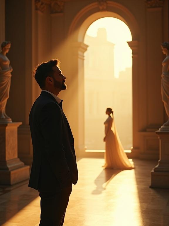 A classical museum gallery at golden hour with warm sunlight streaming through tall arched windows. Dramatic chiaroscuro lighting casts across marble floors and Renaissance sculptures. A man in an elegant dark suit stands transfixed, eyes wide with wonder and reverence. He holds one hand near his heart. In the soft-focus background, a woman in flowing fabric appears ethereal, floating between classical statues. The scene emphasizes overwhelming wonder and devotion with warm golds and deep shadows. The mood is romantic and intensely emotional.