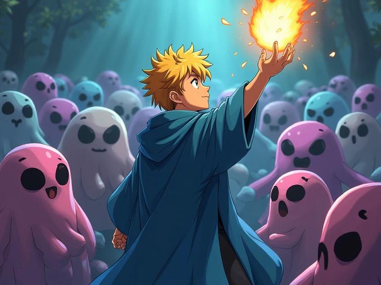 Anime style young man with yellow hair wearing a blue mage robe facing many slimes. Young man raises his right hand with a fireball above it.