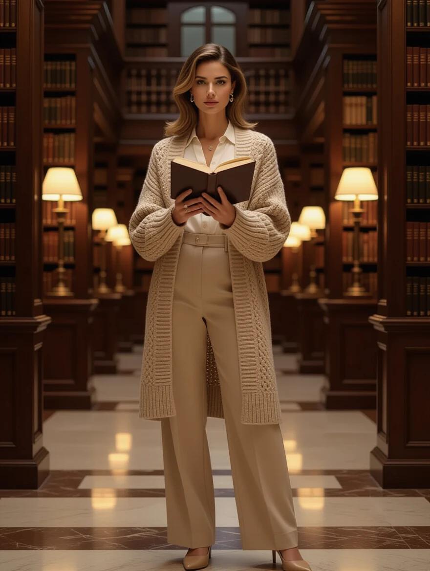 A female character stands in a classical library. She has a relaxed yet composed posture. Both hands hold an open book at chest level. She wears a neutral-toned knitted cardigan over high-waisted trousers. Background features warm wooden bookshelves filled with leather-bound books and classical architecture details. The scene is illuminated by soft lamp light and moonlight outlines her silhouette.