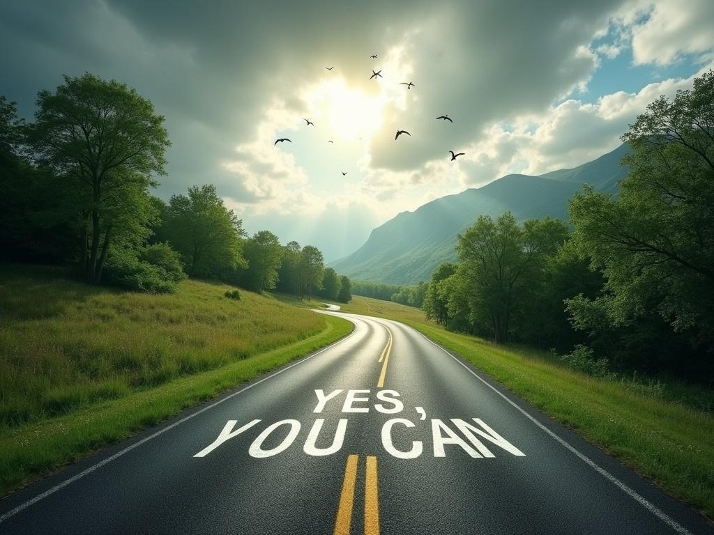 The image features a winding road through a lush landscape. The scene is set under a cloudy sky, creating a dramatic atmosphere. Sunlight is breaking through the clouds, illuminating the road ahead. On the road, the phrase "YES, YOU CAN" is painted prominently, inspiring optimism and encouragement. Trees line the sides of the road, adding to the natural beauty of the environment. Birds can be seen in the sky, suggesting a sense of freedom and adventure. This setting invites viewers to embark on a journey filled with possibilities.