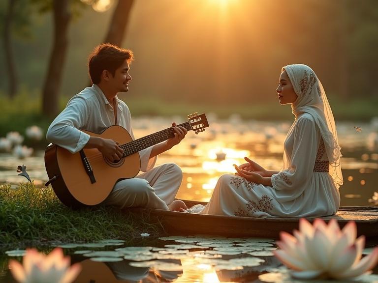A man plays guitar on grassy bank by a tranquil pond at sunset. He wears flowing bohemian clothes. White lotus flowers float on the water. A woman in a floral-patterned jilbab sits in a wooden boat. The scene radiates romance, peace, and nature connection.